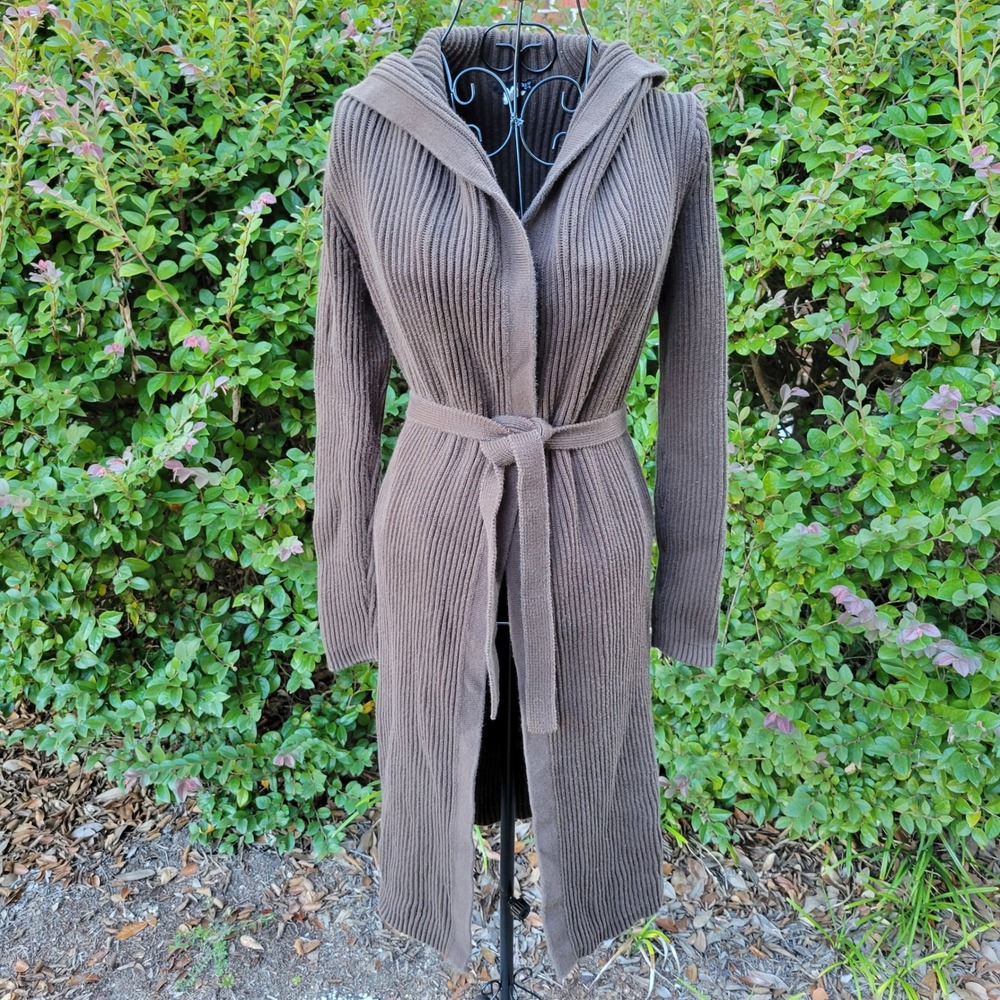 J Crew Petite Cardigan Brown Ribbed Hooded Belted Duster Sweater Longline Chunky
